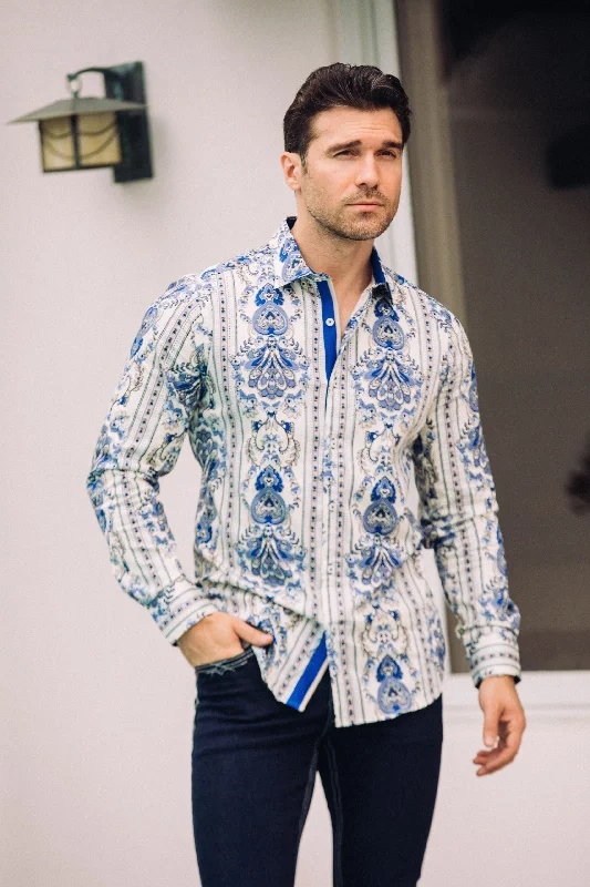 Satin Cotton/Spandex Long Sleeve Shirt - White Luxurious Men's High