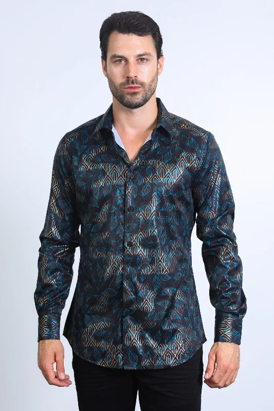 Mens Modern Fit Stretch Foil Fashion Black Shirt Casual Men's Japanese 