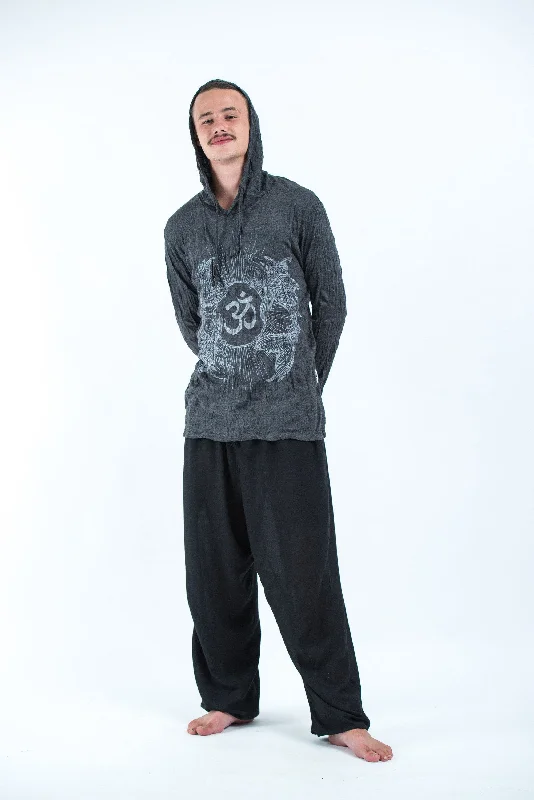 Unisex Om and Koi Fish Hoodie in Silver on Black Traditional Men's Country