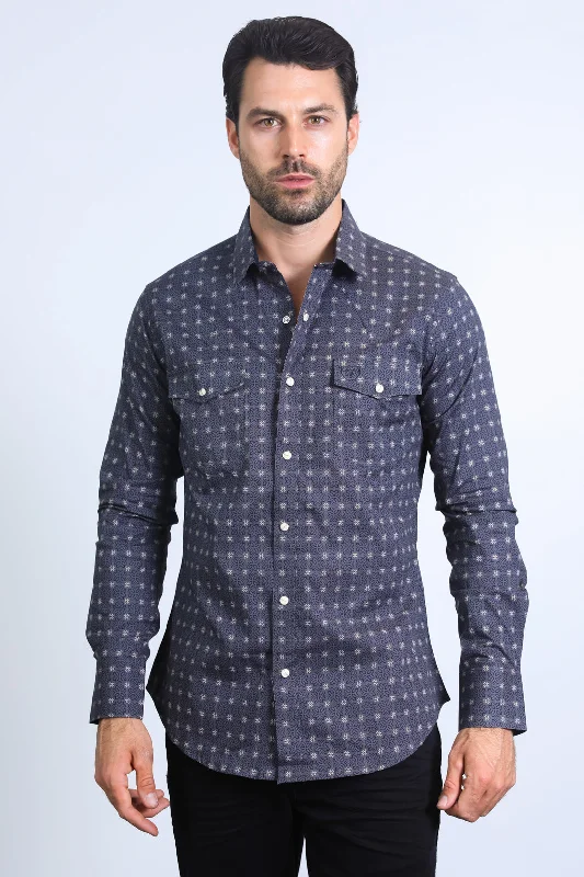 Mens Western Modern Fit Cotton/Spandex Long Sleeve Charcoal Shirt with Snaps Monochromatic Office Style
