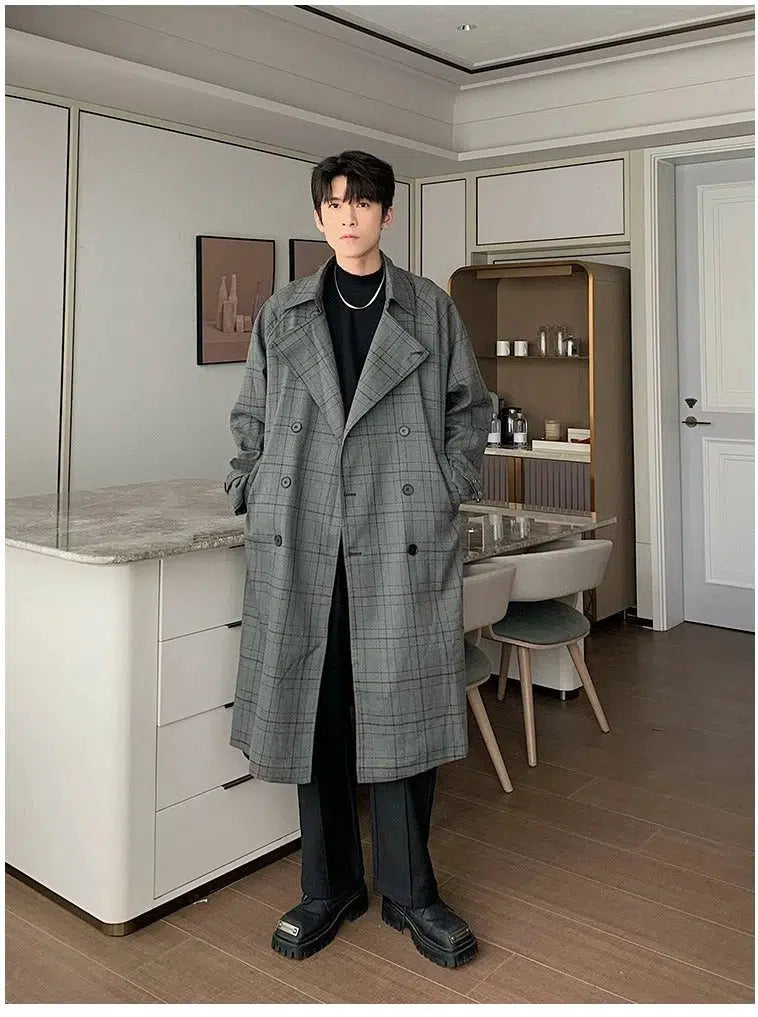 Double-Breasted Plaid Trench Coat Refined Men's Classic 