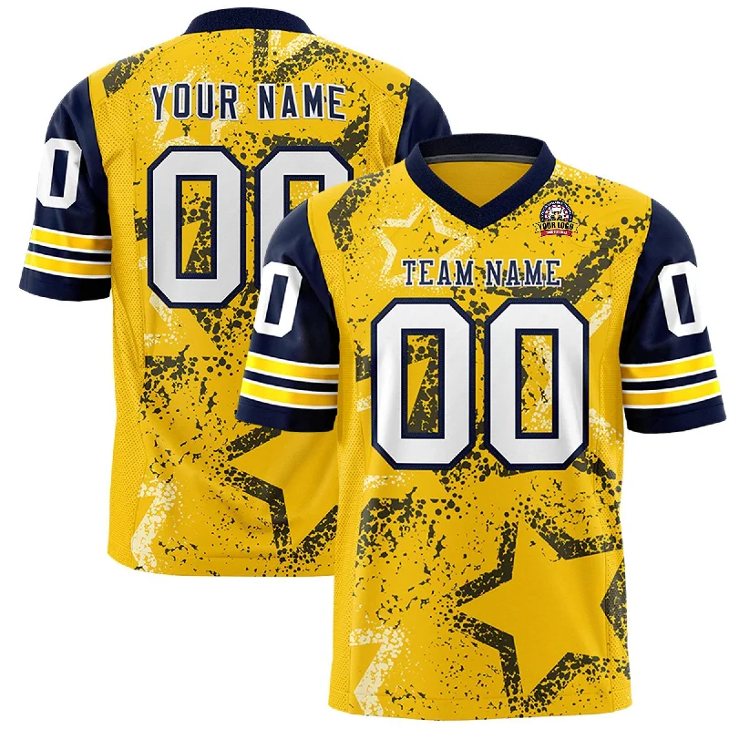 Custom Navy Gold-White Personalized Star Pattern Design Authentic Football Jersey Streetwear Style Custom Navy Gold-White Personalized Star Pattern Design Authentic Football Jersey Streetwear Style