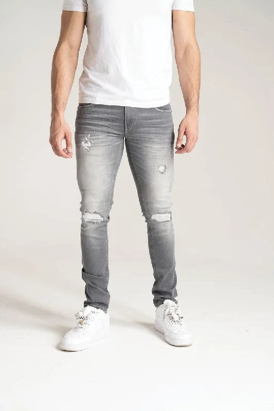 Spark 3D Crinkle & Cut Rip/Repair Stretch Jean (Grey) Trendy Men's Scandinavian