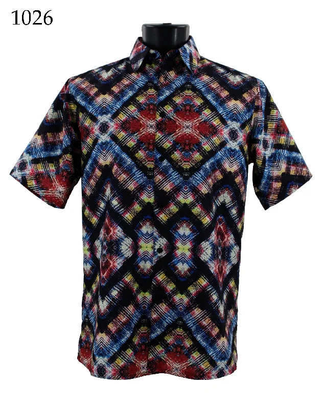 Bassiri Short Sleeve Button Down Casual Printed Men's Shirt - Abstract Pattern Red #1026 Preppy Men's College