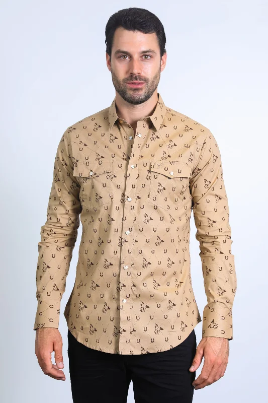 Mens Western Modern Fit Cotton/Spandex Long Sleeve Khaki Shirt with Snaps Elegant Men's Cashmere Mens Western Modern Fit Cotton/Spandex Long Sleeve Khaki Shirt with Snaps Elegant Men's Cashmere