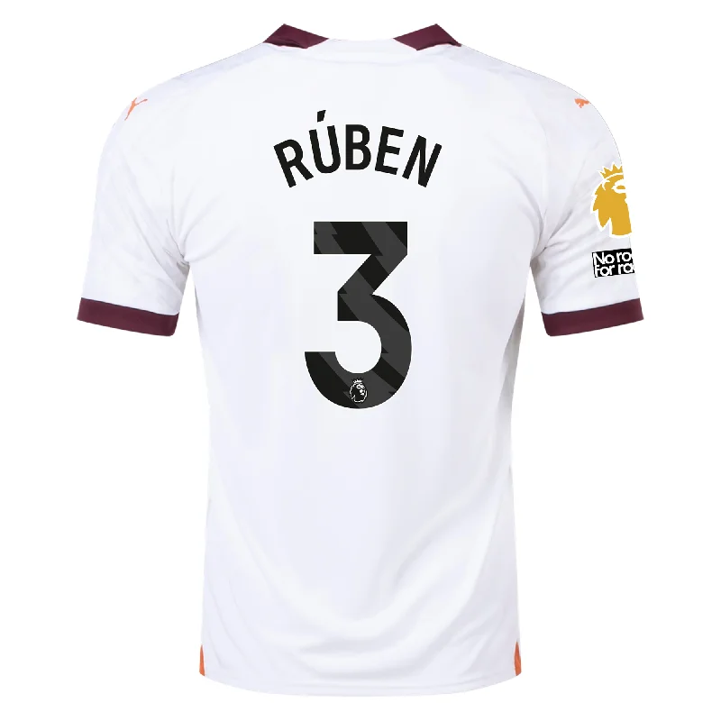Puma Manchester City Ruben Dias Away Jersey w/ EPL + No Room For Racism Patches 23/24 (Puma White/Aubergine) Casual Men's Japanese Puma Manchester City Ruben Dias Away Jersey w/ EPL + No Room For Racism Patches 23/24 (Puma White/Aubergine) Casual Men's Japanese