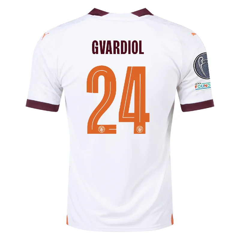 Puma Manchester City Gvardiol Away Jersey w/ Champions League Patches 23/24 (Puma White/Aubergine) Cozy Men's Sherpa Puma Manchester City Gvardiol Away Jersey w/ Champions League Patches 23/24 (Puma White/Aubergine) Cozy Men's Sherpa