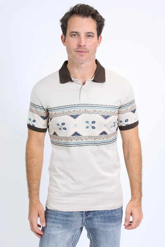 Men's Aztec Panoramic Print Beige Polo Cclassic Men's Tweed
