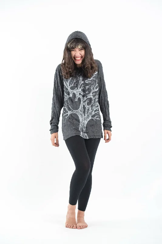 Unisex Om Tree Hoodie in Silver on Black Earthy Men's Sustainable 