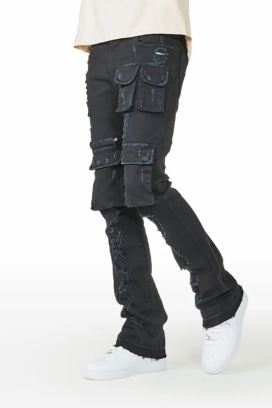 Sleez Black Stacked Flare Cargo Jean Modern Men's 