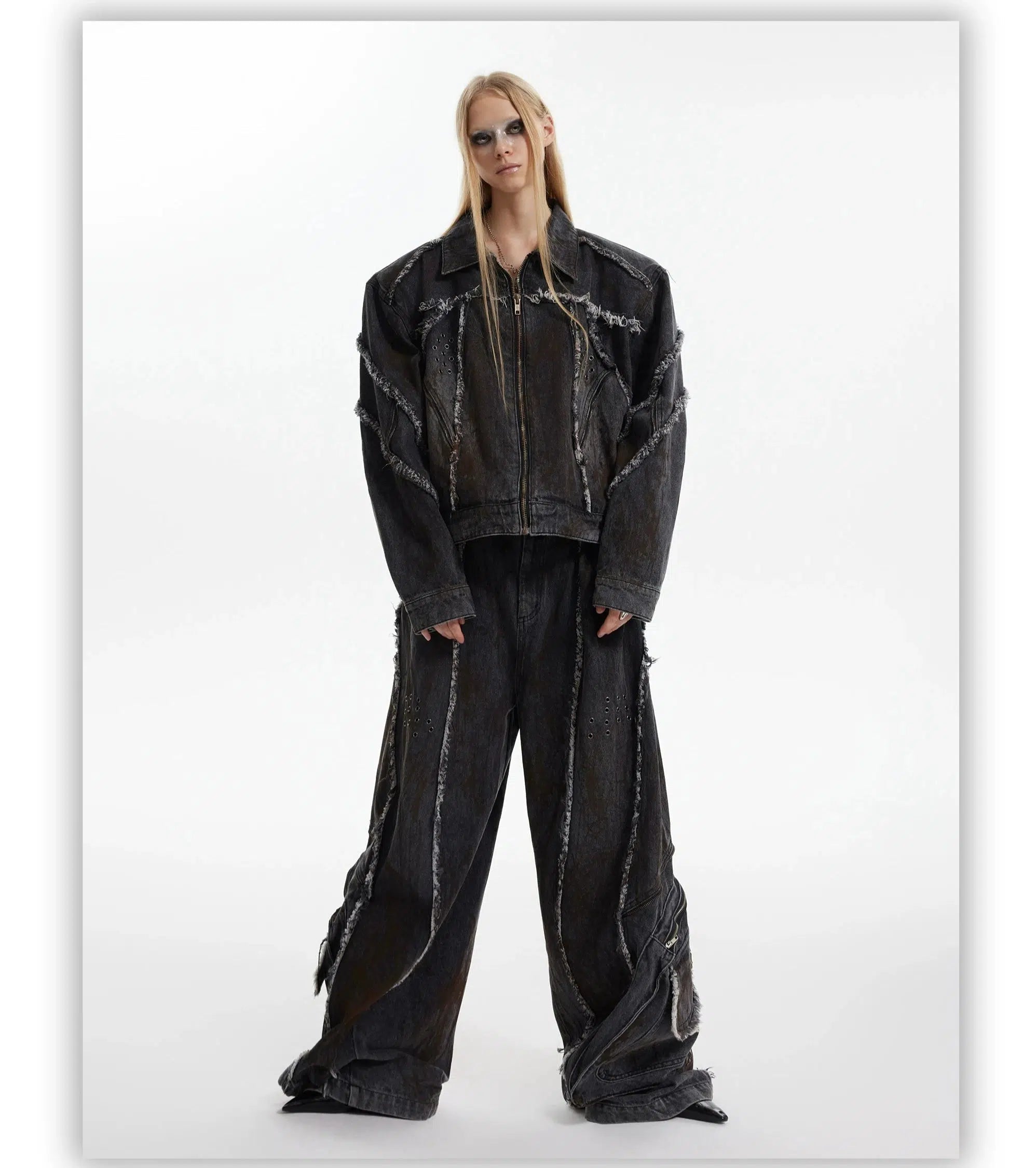 Black Denim Jacket Wide-leg Pants Suit Vacation