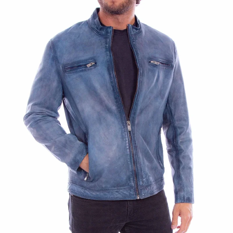 Scully Men's Front Zip Leather Jacket in Denim Blue Elegant Men's Cashmere