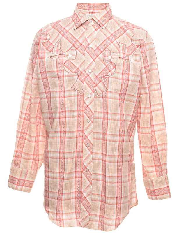 Long Sleeved Beige & Red Western Checked Shirt - M Cclassic Men's Tweed