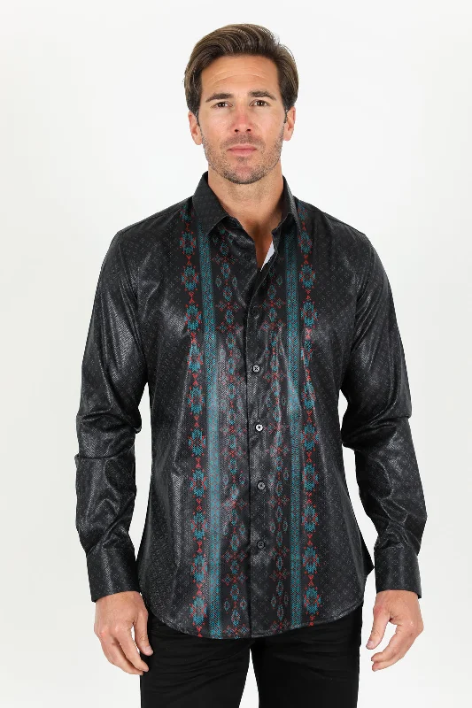 Mens Modern Fit Stretch Aztec Foiled Shirt - Black Monochromatic All