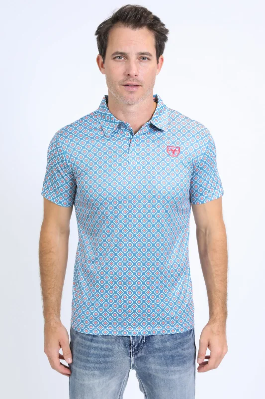 Mens Performance Fabric Print Blue Polo Luxurious Men's High