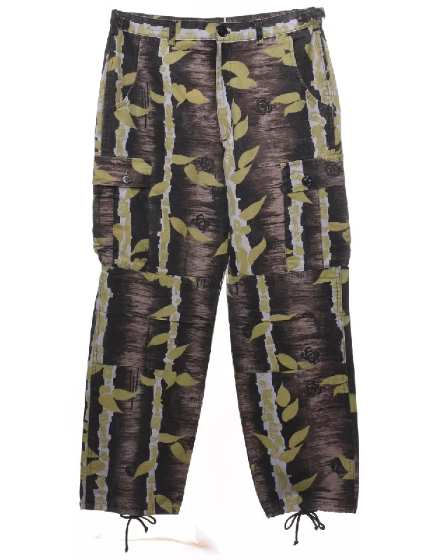 Leafy Print Y2K Style Cargo Trousers - W32 L30 Cozy Men's Winter