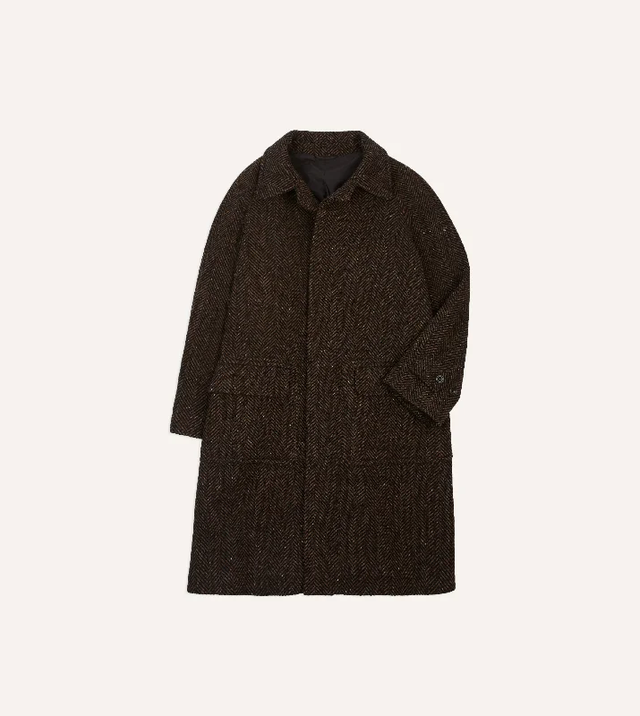 Brown Herringbone Wool Raglan Coat Hip Men's Urban