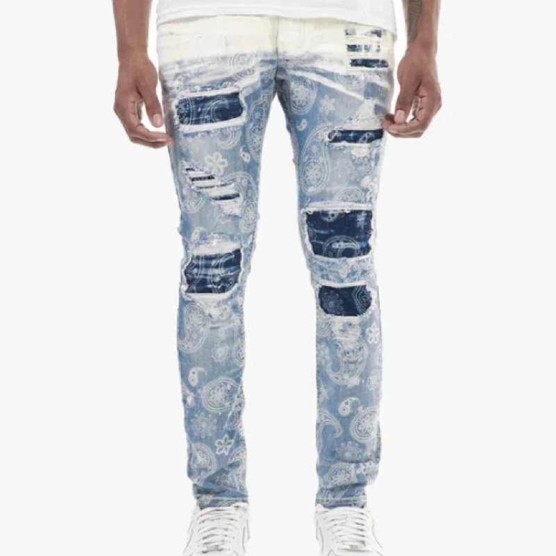 Copper Rivet Ripped Paisley Slim Jean (Light Sand Blue) Streetwear Style