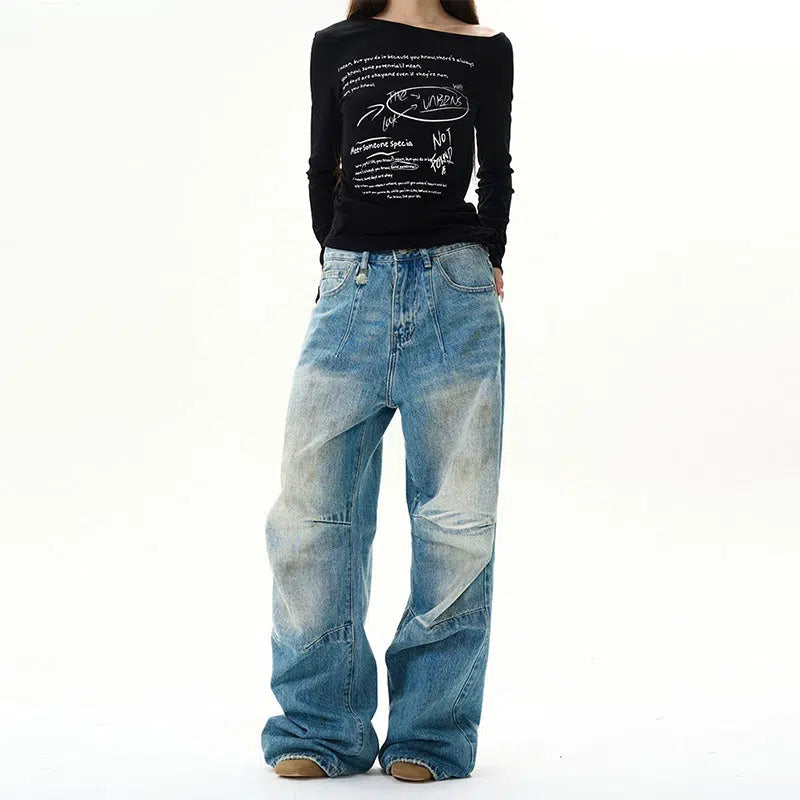 Retro Blue Wide-Leg Jeans Laid