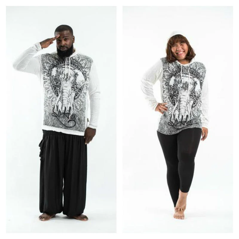 Plus Size Unisex Wild Elephant Hoodie in White Earthy Men's Sustainable 