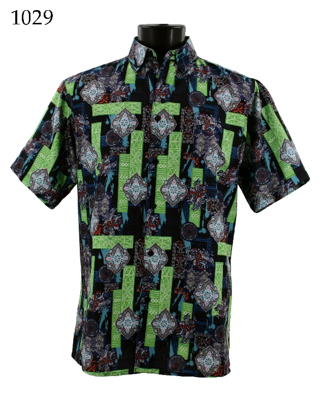 Bassiri Short Sleeve Button Down Casual Printed Men's Shirt - Abstract Pattern Green #1029 Laid