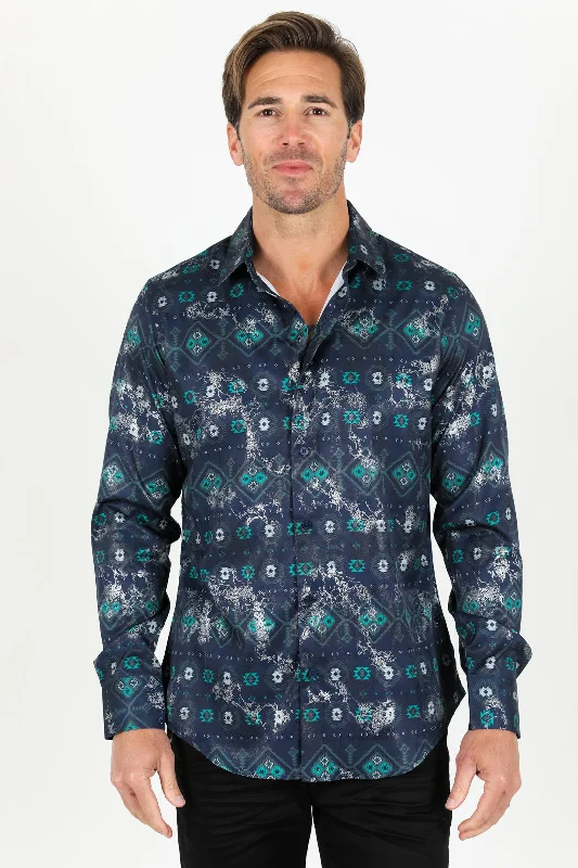 Mens Modern Fit Stretch Foiled Shirt - Navy Practical Men's Multi