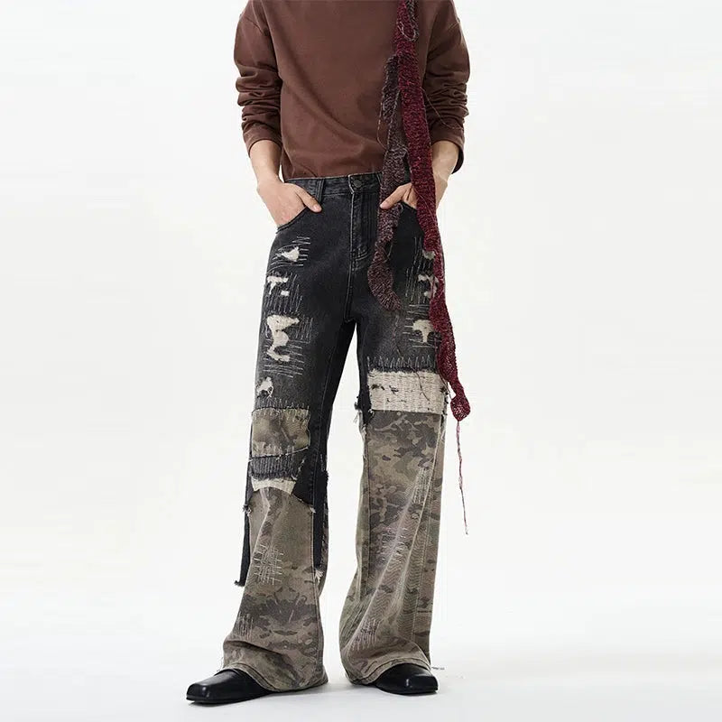 Camouflage Stitching Jeans Youthful Men's Pop