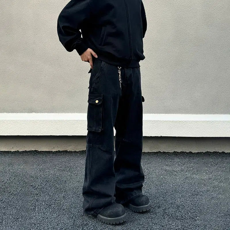 Black Multi-pocket Cargo Jeans Masculine Men's Thick