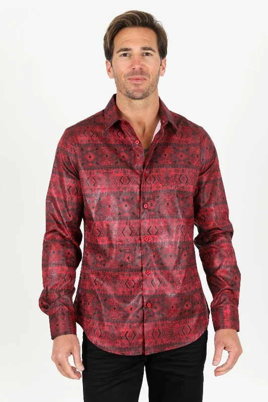Mens Modern Fit Stretch Aztec Foiled Shirt - Red Stylish Men's Neon