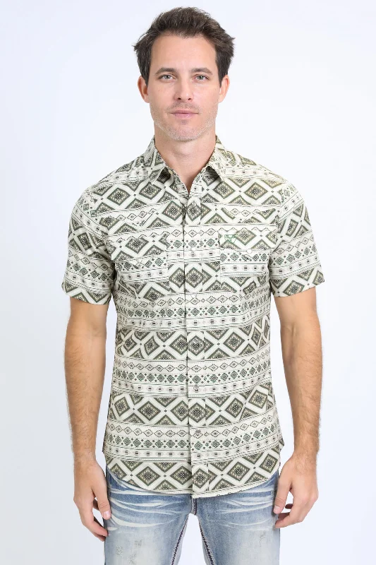 Mens Performance Western Short Sleeve Aztec Print Beige Shirt Sleek Men's Metallic