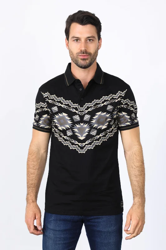 Men's Black Aztec Panoramic Print Polo Sophisticated Men's French