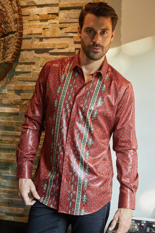 Mens Modern Fit Stretch Aztec Foiled Shirt - Red Dynamic Men's Moto