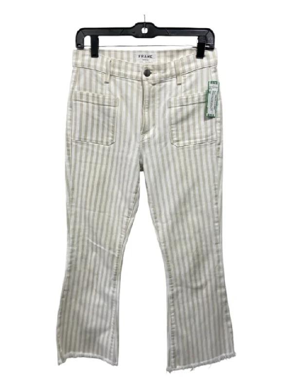 Frame Size 28 White & Beige Cotton Striped Patch Pockets Frayed Hem Jeans Organic