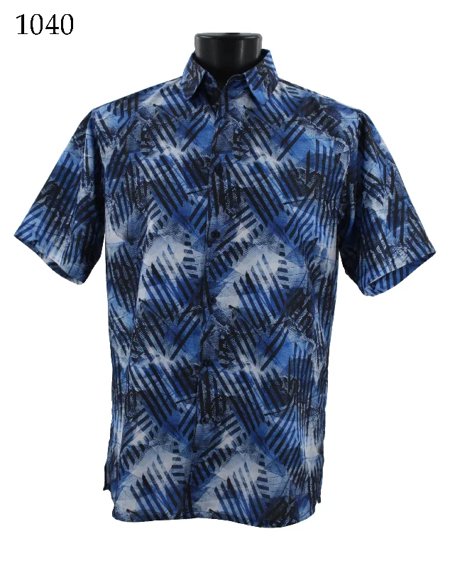 Bassiri Short Sleeve Button Down Casual Printed Men's Shirt - Abstract Pattern Blue #1040 Trendy Men's Scandinavian