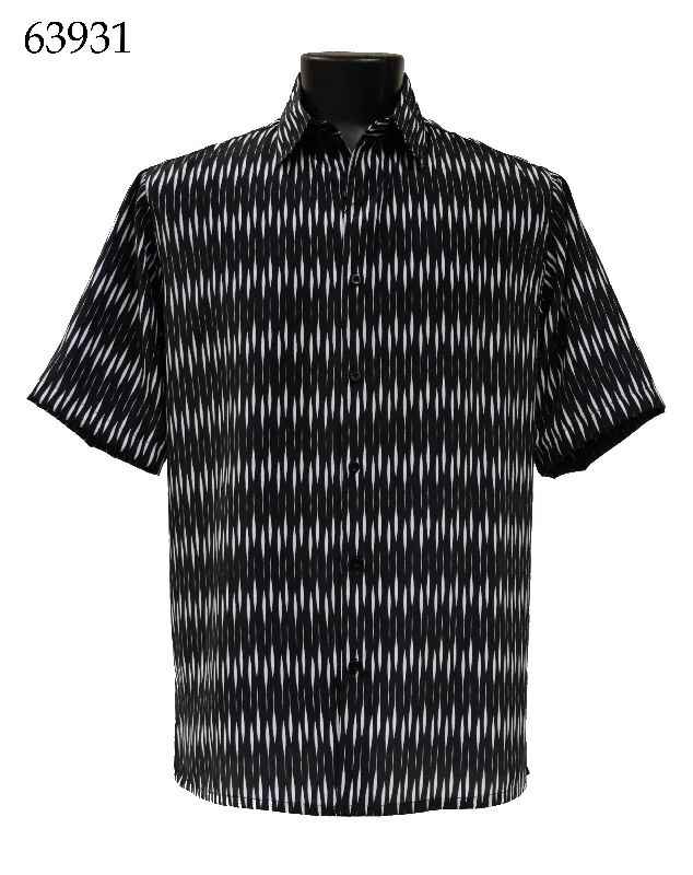 Bassiri Short Sleeve Button Down Casual Printed Men's Shirt - Diamonds Pattern Black #63931 Relaxed Men's Australian 