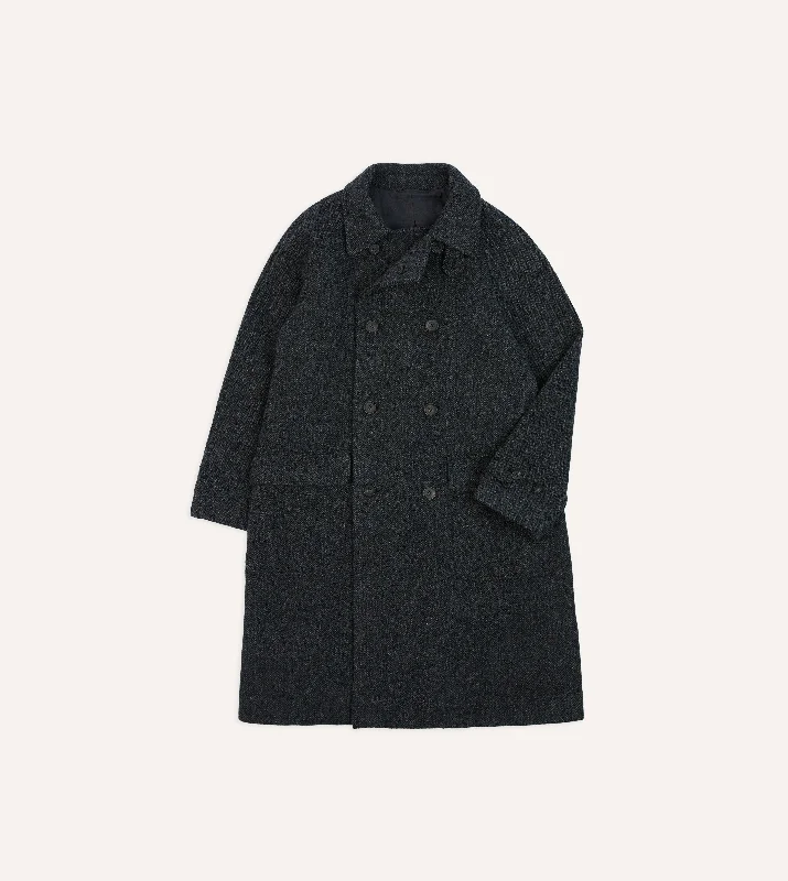 Grey Herringbone Wool Double-Breasted Raglan Coat Monochromatic All