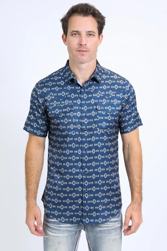 Mens Performance Western Short Sleeve Aztec Print Navy Shirt Rugged Men's Outdoor 