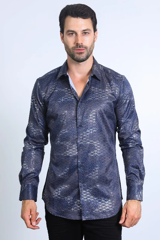 Mens Modern Fit Stretch Foil Fashion Grey Shirt Modern Men's Geometric