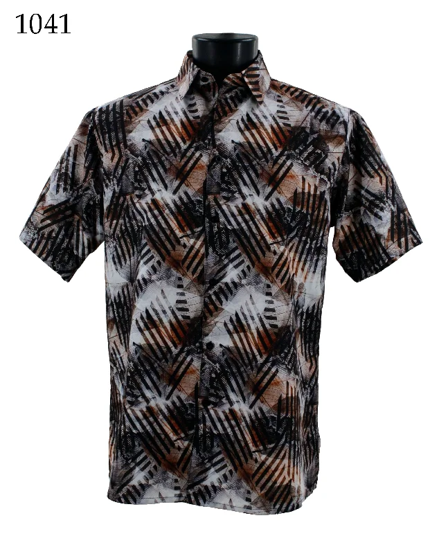 Bassiri Short Sleeve Button Down Casual Printed Men's Shirt - Abstract Pattern Brown #1041 Stylish Men's Neon