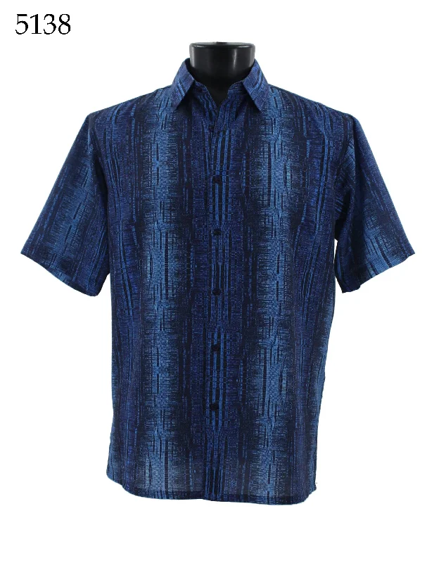 Bassiri Short Sleeve Button Down Casual Printed Men's Shirt - Abstract Pattern Blue #5138 Unique Men's Upcycled