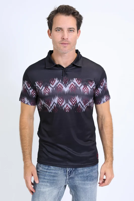 Men's Performance Fabric Aztec Panoramic Print Black Polo Modern Men's 