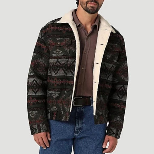 Wrangler Men's Sherpa Lined Jacquard Print Jacket in Olive Hip Men's Retro