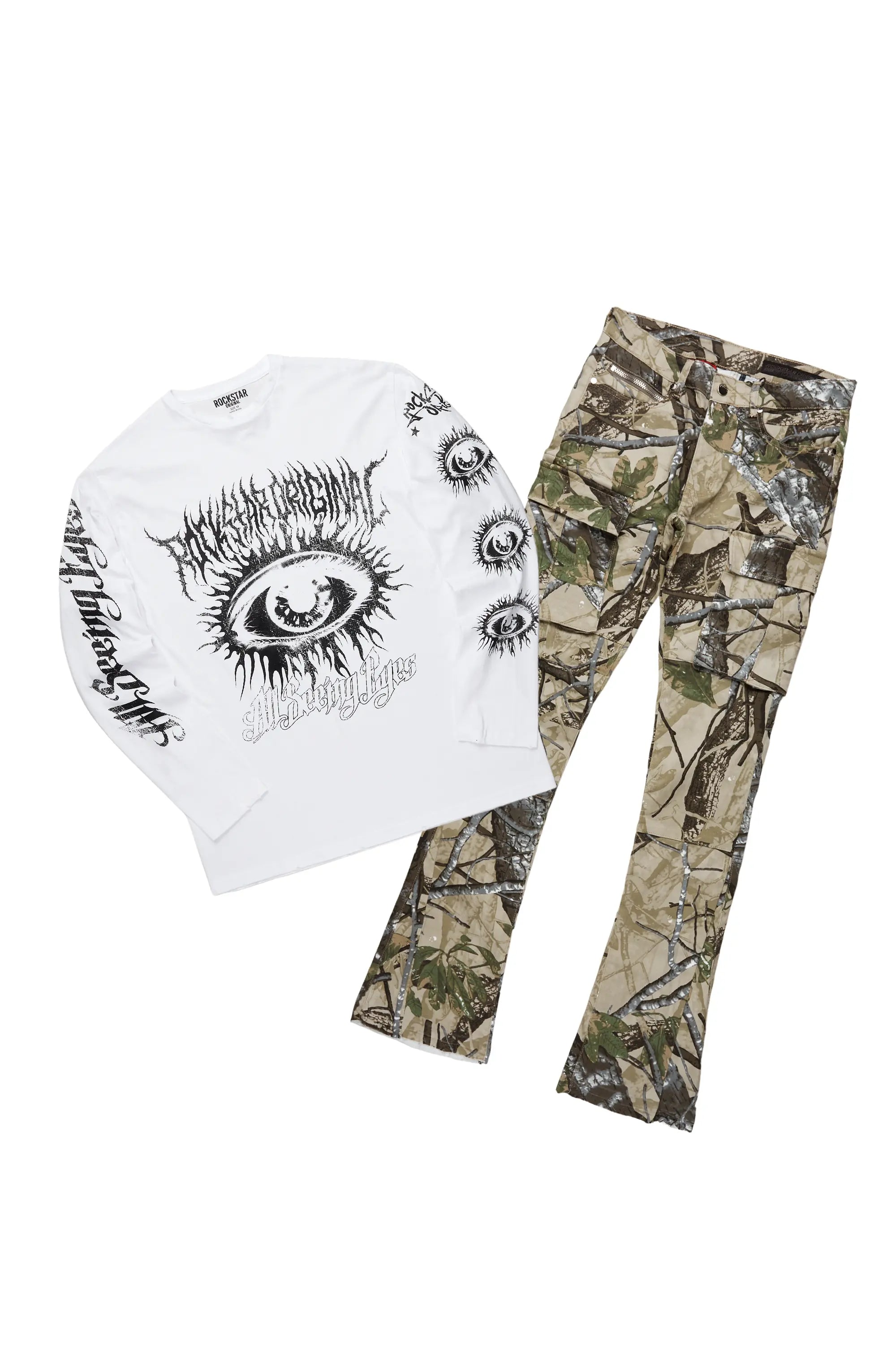 All Seeing Eyes White Long Sleeve T-Shirt & Merrik Stacked Flare Jean Bundle Sleek Men's Contemporary 