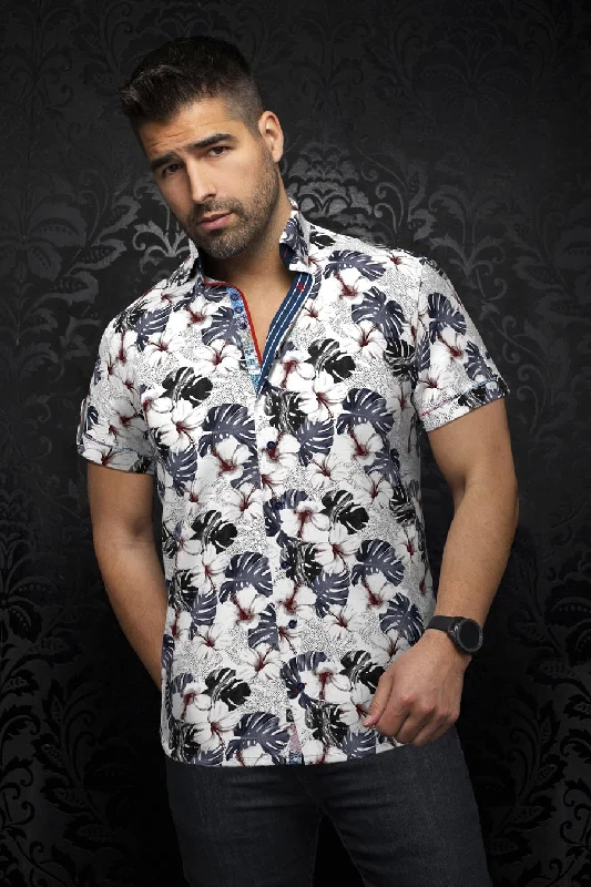 Au Noir Stretch Short Sleeve Shirt | Axel White Denim Edgy Men's Punk