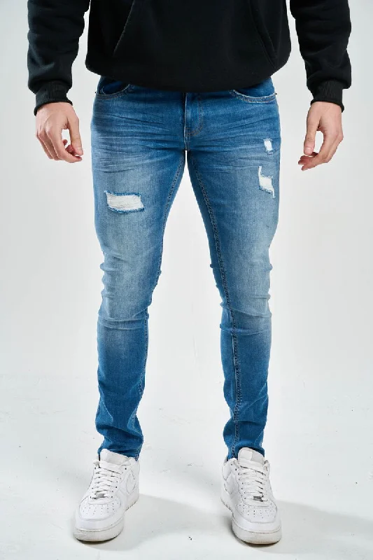 Solutus Premium Stretch Jeans with 3D Crinkle & Rip/Repair (Indigo) Stylish Men's Neon