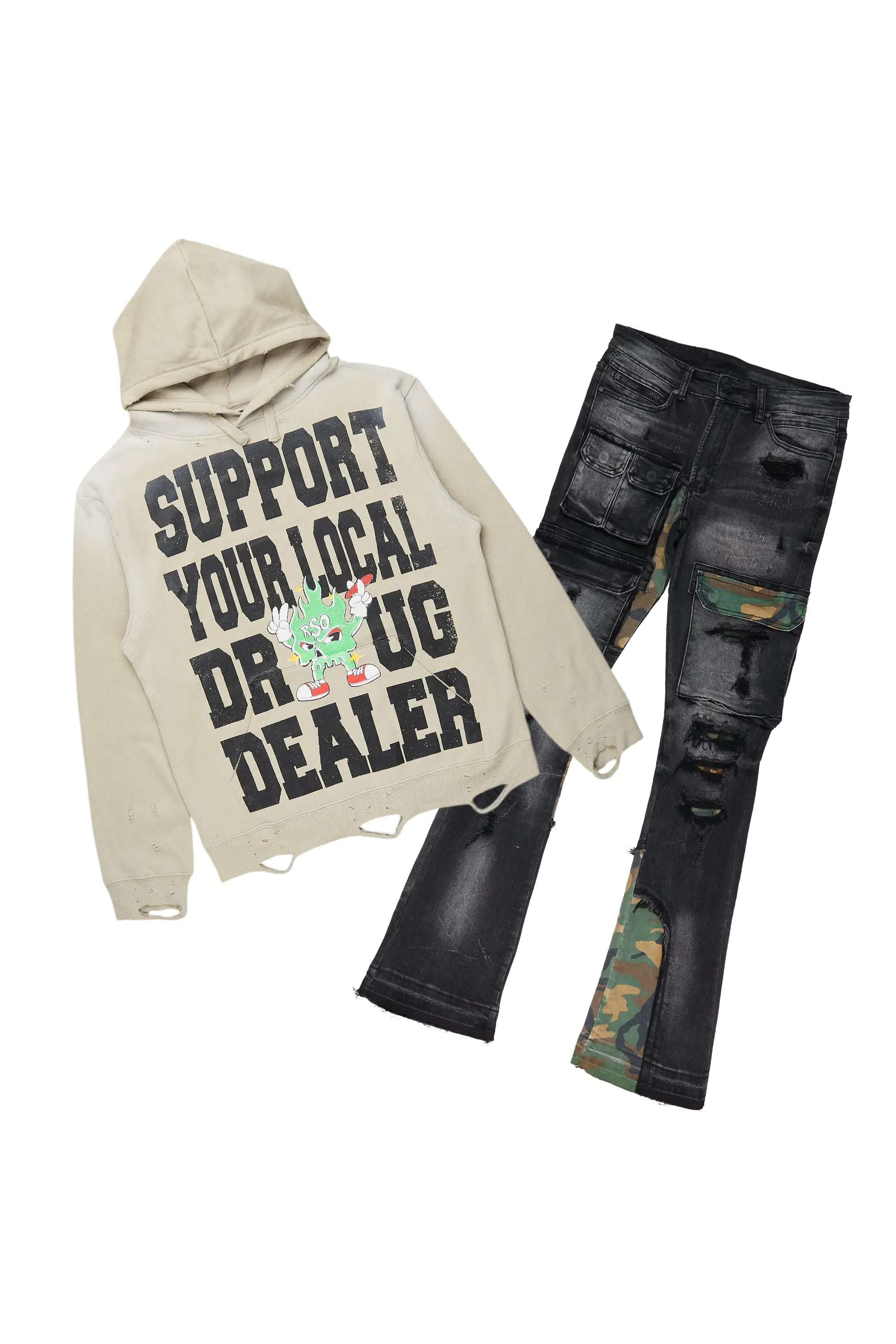 Tarl Oatmeal Hoodie & Zeta Stacked Flare Jean Bundle Trendy Men's Oversized