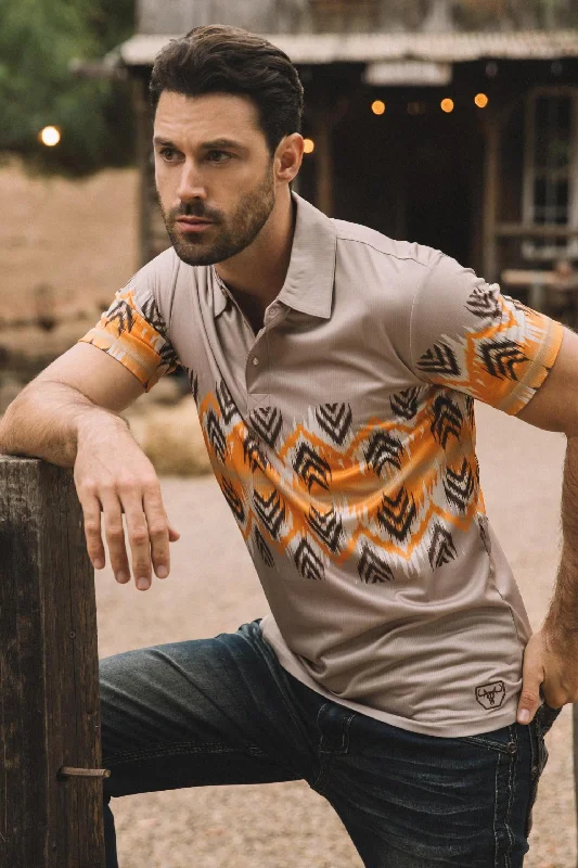 Men's Performance Fabric Aztec Panoramic Print Khaki Polo Casual Men's Short