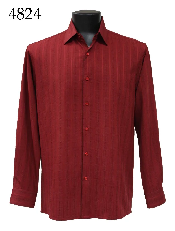 Bassiri Long Sleeve Button Down Casual Tone on Tone Men's Shirt - Shadow Stripe Pattern Burgundy #4824 Adventure