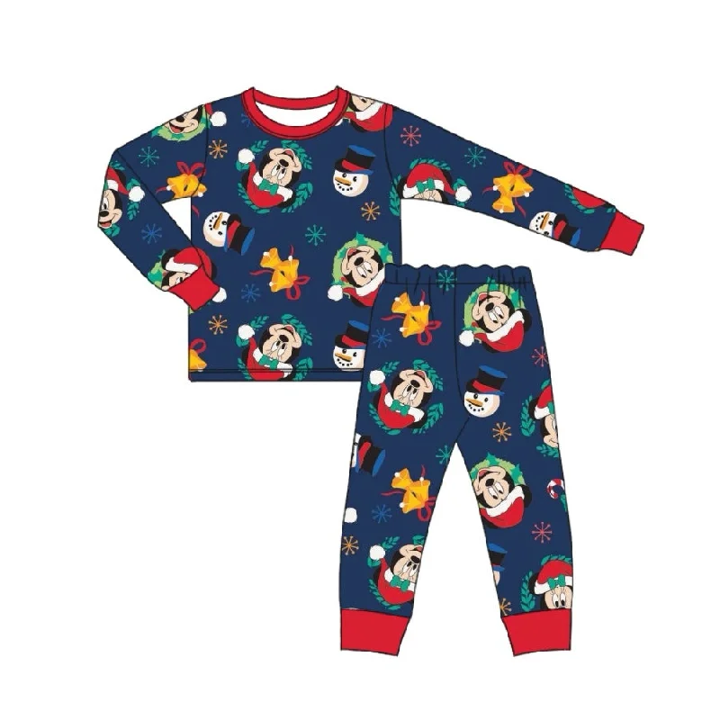 Preorder BLP0689 NO MOQ Christmas Mickey navy blue long sleeve pants pajamas set Casual Men's Short