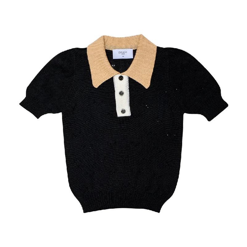 Seamless Knit Polo Shirt Wave Black Edgy Men's Punk